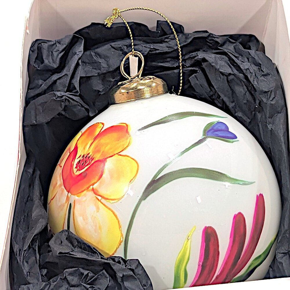 Eric Cortina Beautiful Colorful Floral Glass Christmas Ball Ornament w Box
